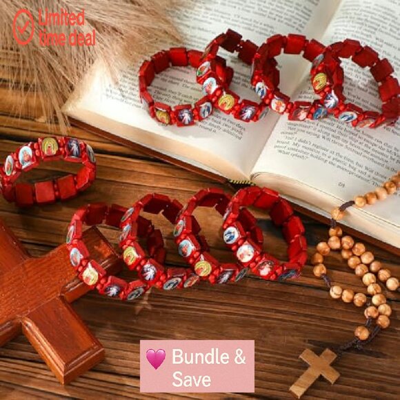 12 Pc Wood Stretch Bracelets Jesus Virgin Mary Saints Religious Gift Set - Picture 3 of 8